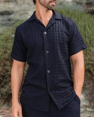 Orb Button Down Waffle Shirt - Black - Mens