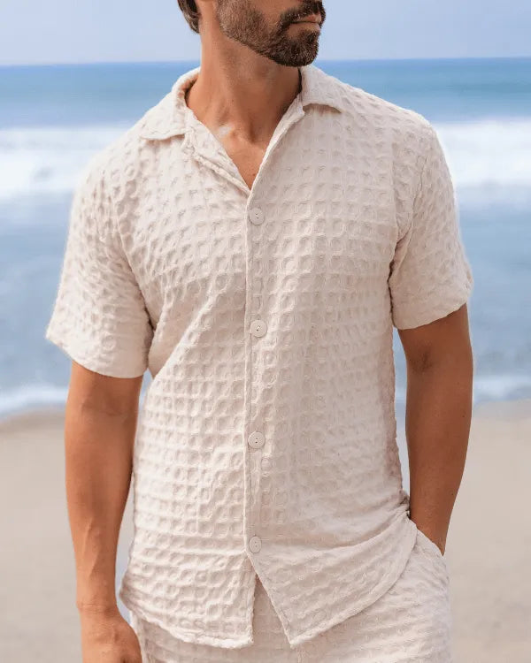 Orb Button Down Waffle Shirt - Sand - Mens